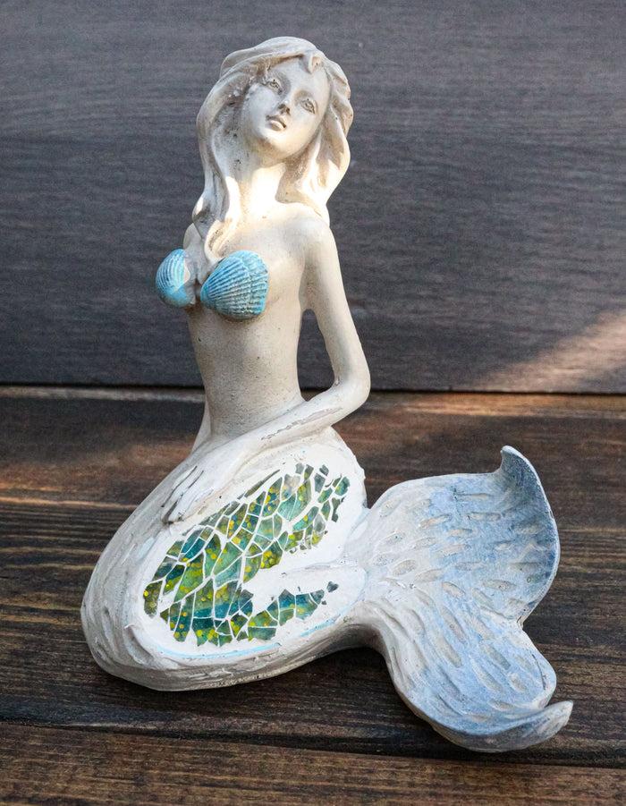ebros gift Sitting Baby Blue Mermaid Statue Decor with Mosaic Crushed Glass Tail 4.75"H