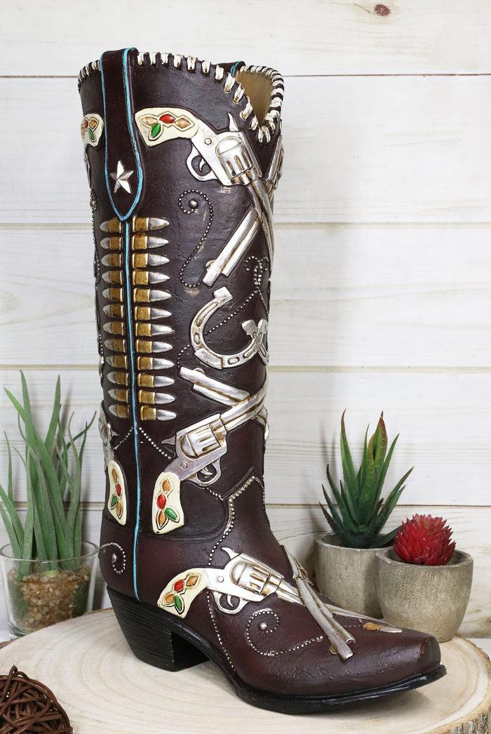 ebros gift Six Shooter Pistols And Bullets Cowboy Boot Decorative Vase Planter Figurine