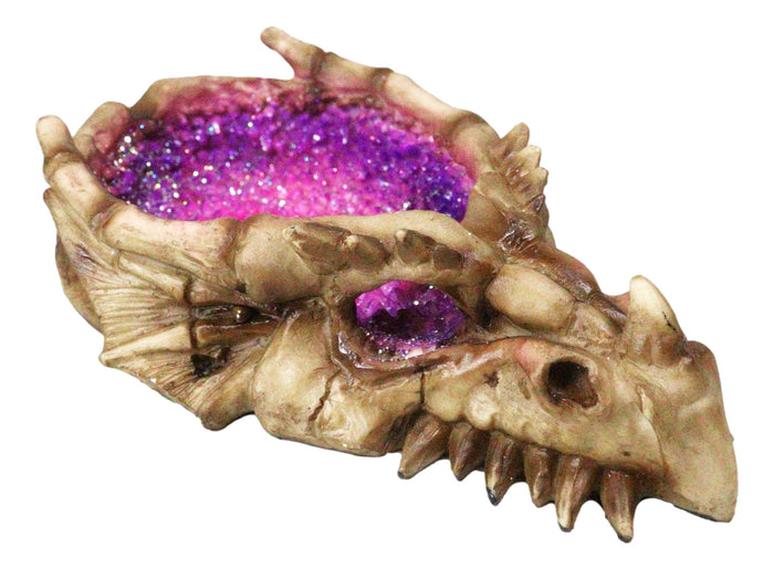 ebros gift Skeletal Bone Dragon Skull With Purple Faux Quartz Crystals Geode Trinket Dish