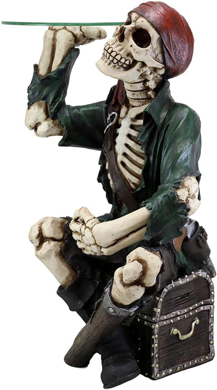 Ebros Gift Skeleton Pirate Buccaneer Sitting On Treasure Box Side Table And Wine Holder