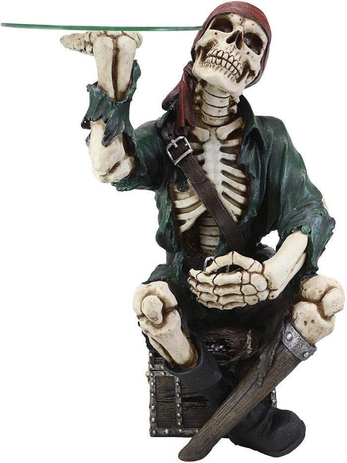 Ebros Gift Skeleton Pirate Buccaneer Sitting On Treasure Box Side Table And Wine Holder