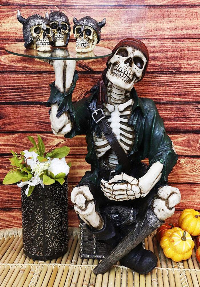 ebros gift Skeleton Pirate Buccaneer Sitting On Treasure Box Side Table And Wine Holder