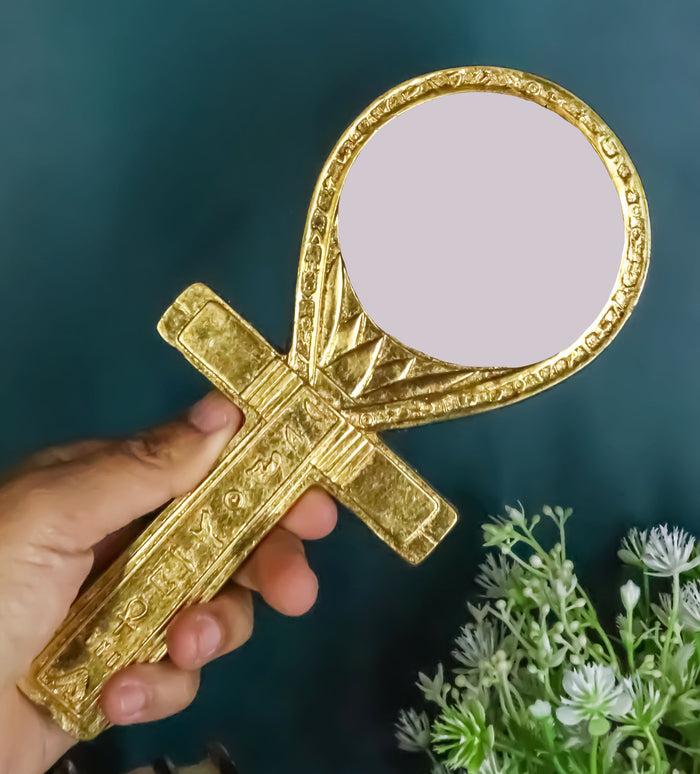 Ebros Gift Small Crux Ansata Egyptian Golden Ankh Djed Hand Mirror Figurine 8.25"H New Age