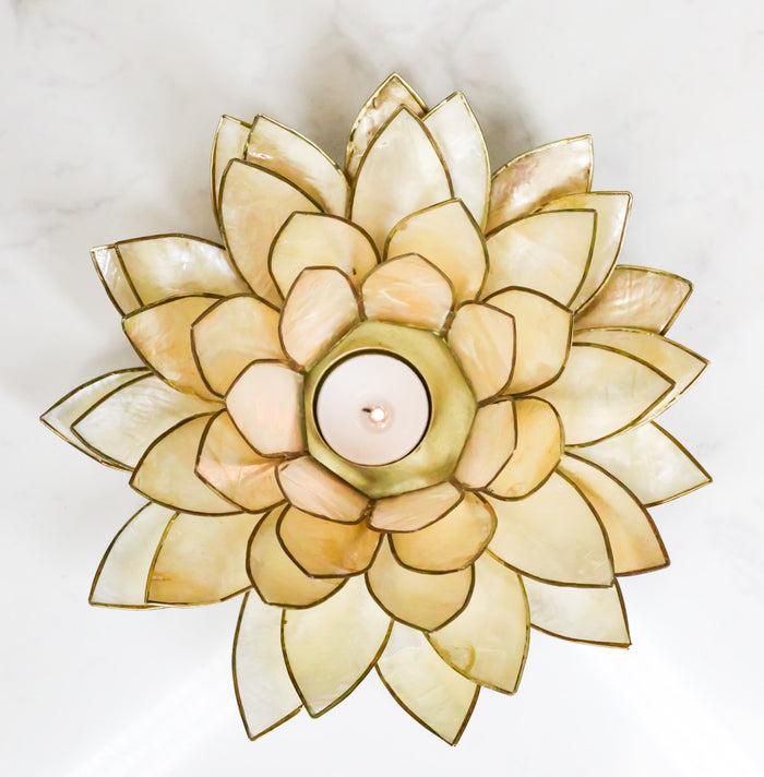ebros gift Smoke Brown Capiz Seashells Lotus Flower Votive Tea Light Candle Holder 8.5"D