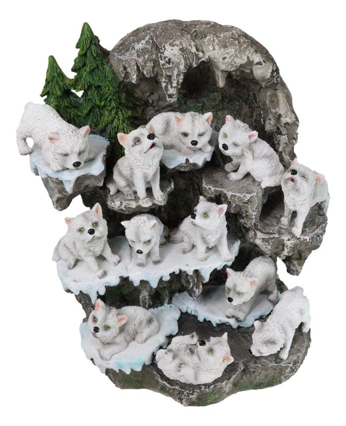 Ebros Gift Snow Capped Wolf Den Rocky Cave Lair With Pine Trees LED Display Stand Sculpture