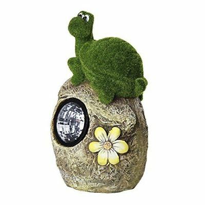 Ebros Gift Solar Powered Tortoise On Garden Rock Sculpture In Flocked Artificial Grass Deco