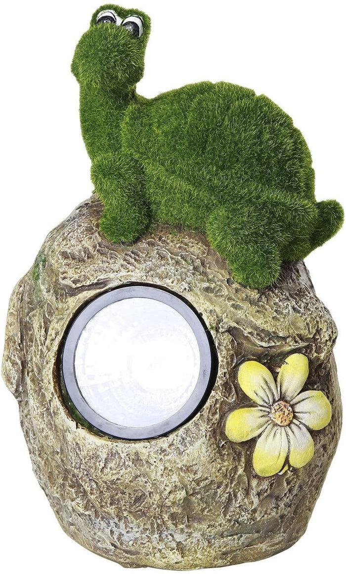Ebros Gift Solar Powered Tortoise On Garden Rock Sculpture In Flocked Artificial Grass Deco