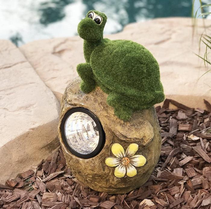 ebros gift Solar Powered Tortoise On Garden Rock Sculpture In Flocked Artificial Grass Deco