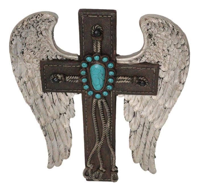 Ebros Gift Southwest Angel Wings Braided Ropes Faux Leather Turquoise Stones Wall Cross