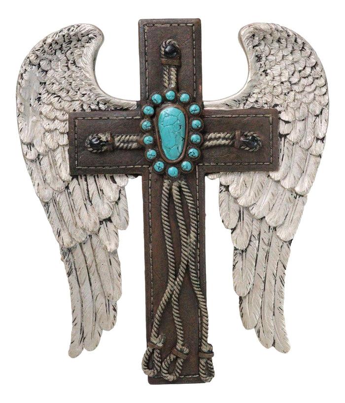 ebros gift Southwest Angel Wings Braided Ropes Faux Leather Turquoise Stones Wall Cross