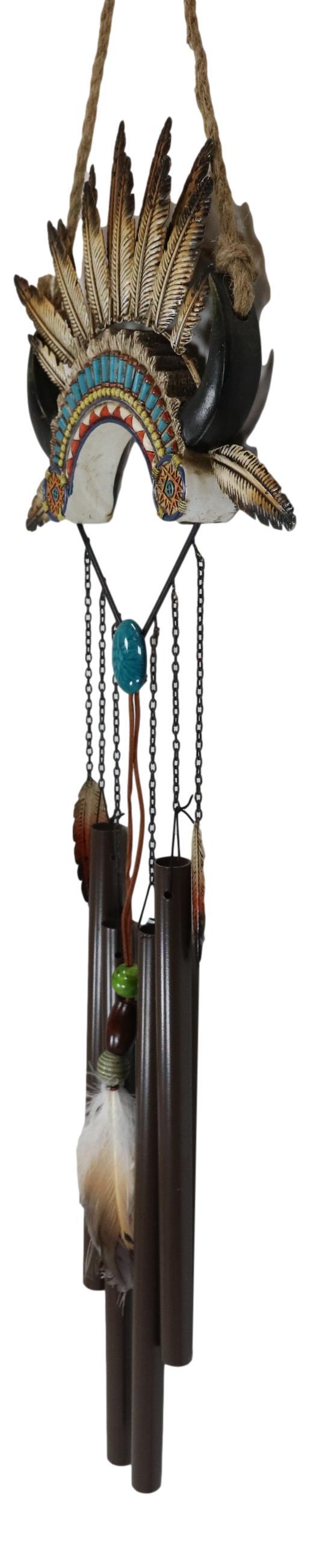 Ebros Gift Southwest Boho Chic Indian Chief Headdress Feathers Turquoise Rocks Wind Chime