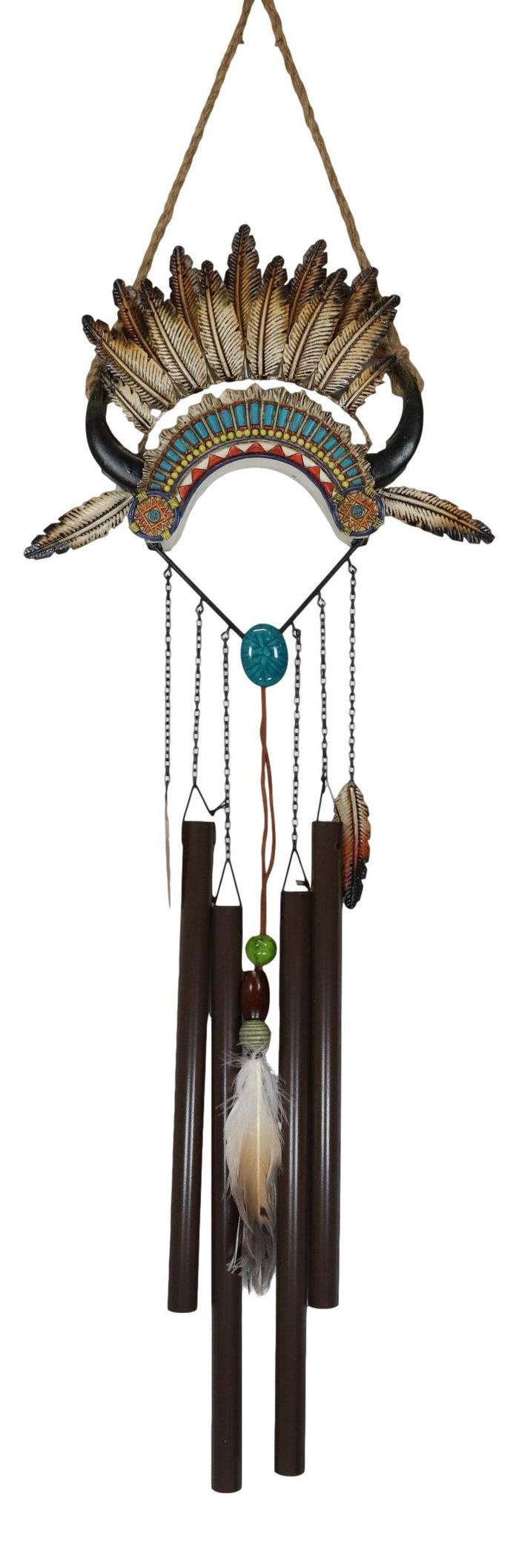 Ebros Gift Southwest Boho Chic Indian Chief Headdress Feathers Turquoise Rocks Wind Chime