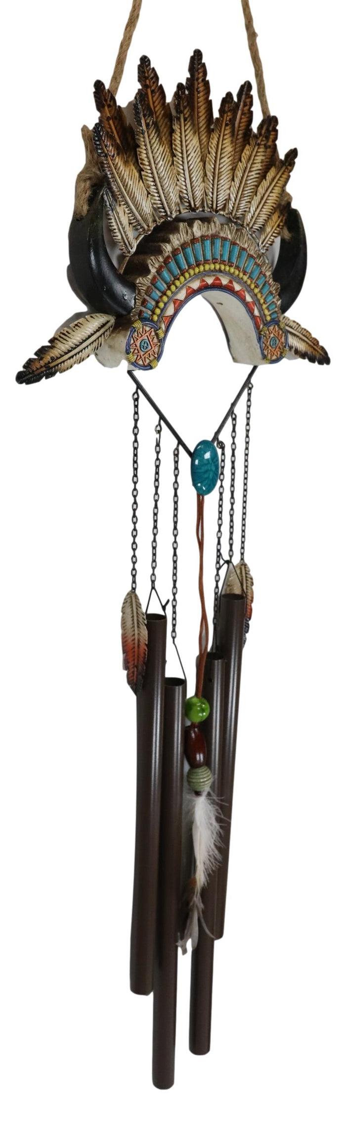 Ebros Gift Southwest Boho Chic Indian Chief Headdress Feathers Turquoise Rocks Wind Chime