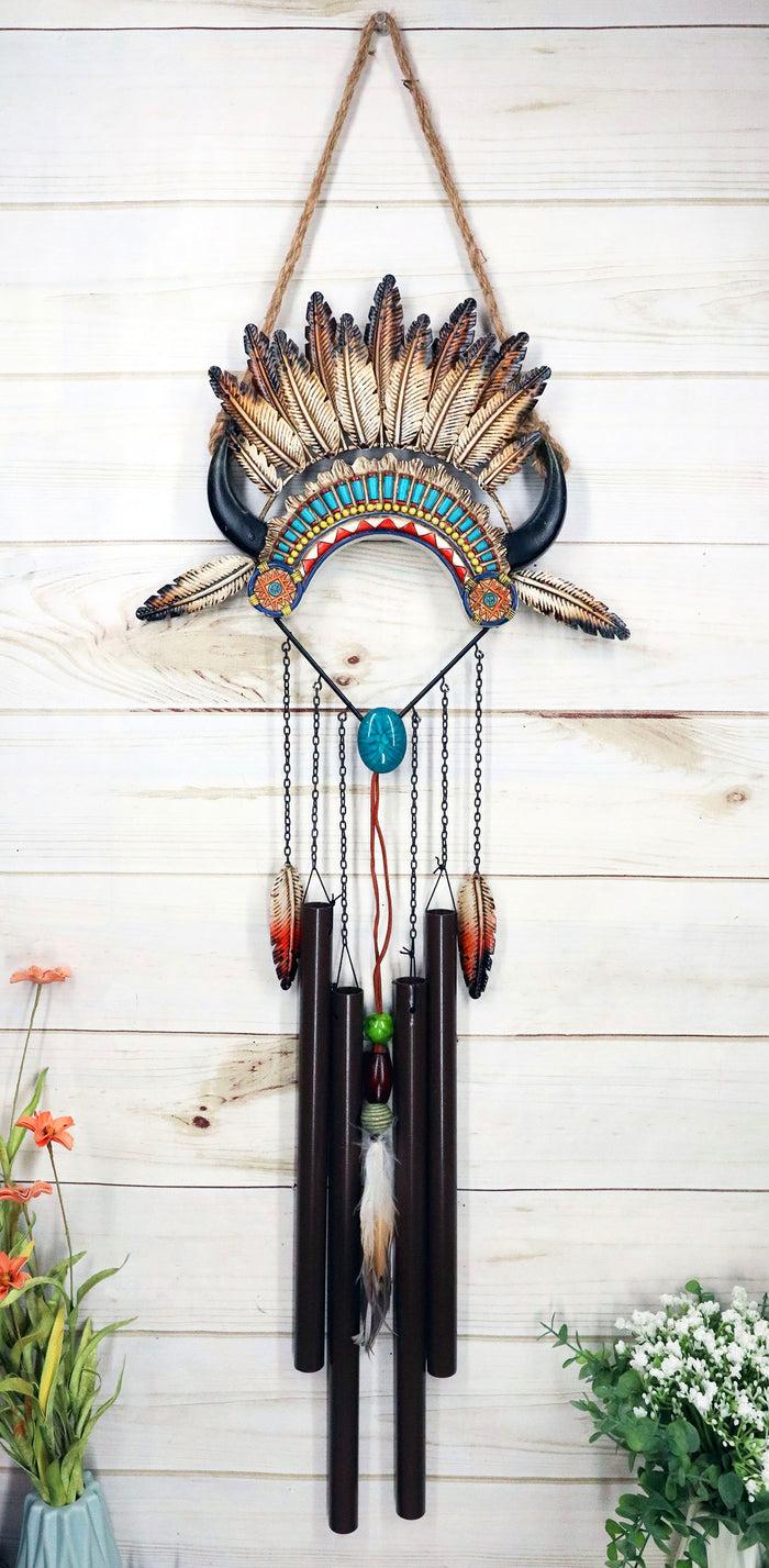 ebros gift Southwest Boho Chic Indian Chief Headdress Feathers Turquoise Rocks Wind Chime