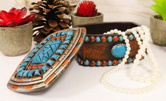 Ebros Gift Southwest Boho Chic Navajo Vector Motif Turquoise Gems Decorative Jewelry Box