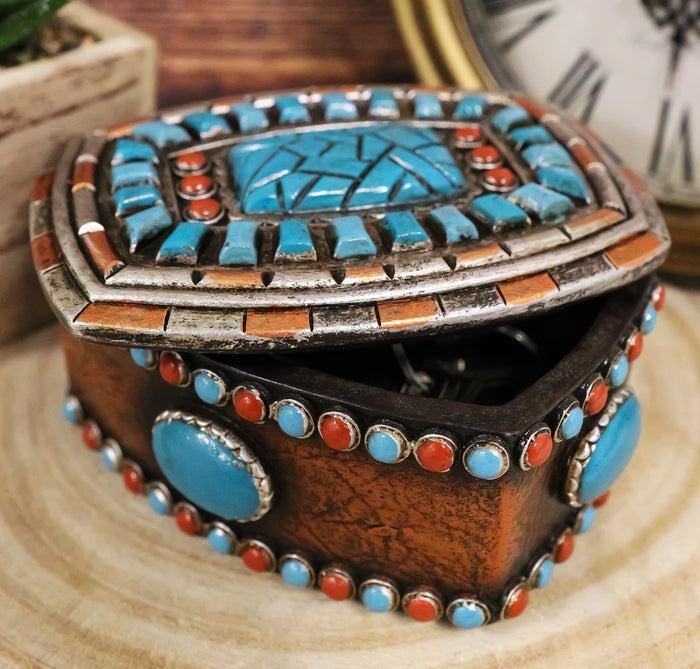 ebros gift Southwest Boho Chic Navajo Vector Motif Turquoise Gems Decorative Jewelry Box