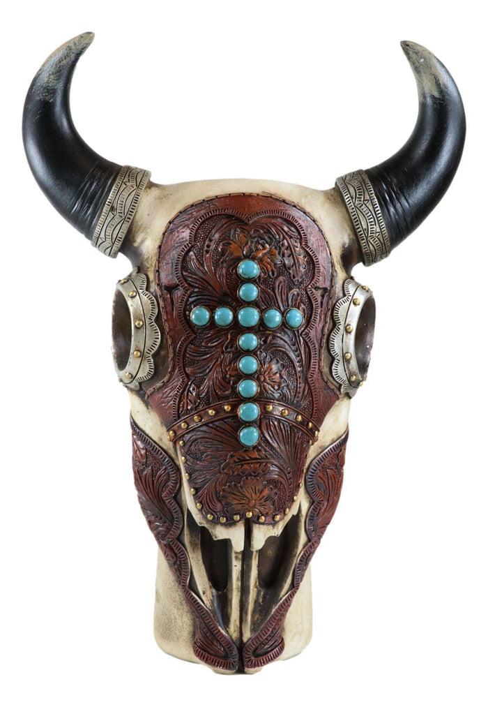 Ebros Gift Southwest Cow Skull With Tooled Leather Mask And Turquoise Cross Vase Figurine