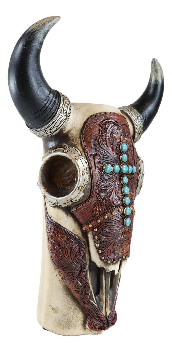 Ebros Gift Southwest Cow Skull With Tooled Leather Mask And Turquoise Cross Vase Figurine