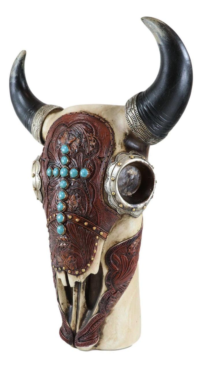 Ebros Gift Southwest Cow Skull With Tooled Leather Mask And Turquoise Cross Vase Figurine