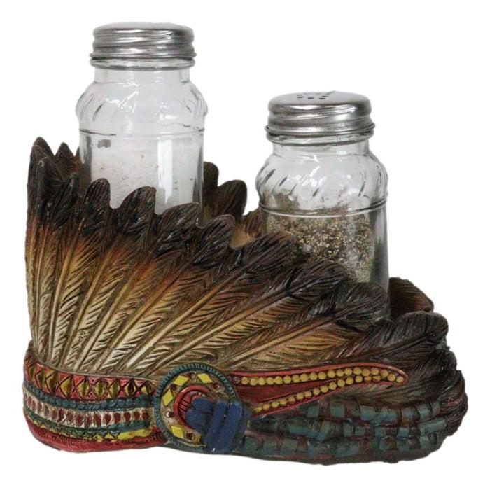ebros gift Southwest Native Indian Chief Headdress Roach Salt And Pepper Shakers And Holder