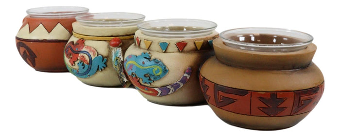 Ebros Gift Southwest Pueblo Aztec Symbols Jars 4 Votive Tea Light Candles Holder Sculpture