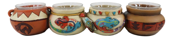 Ebros Gift Southwest Pueblo Aztec Symbols Jars 4 Votive Tea Light Candles Holder Sculpture