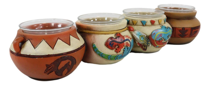 Ebros Gift Southwest Pueblo Aztec Symbols Jars 4 Votive Tea Light Candles Holder Sculpture