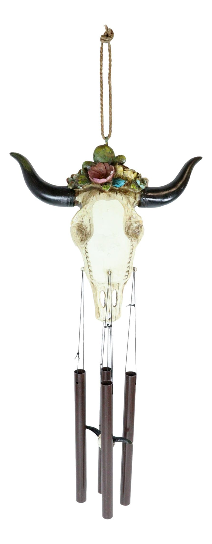 Ebros Gift Southwest Rustic White Faux Wood Cow Skull With Floral Succulents Wind Chime