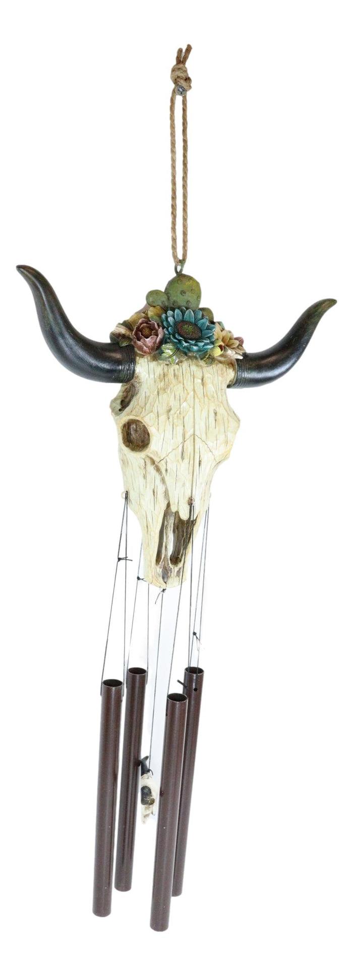 Ebros Gift Southwest Rustic White Faux Wood Cow Skull With Floral Succulents Wind Chime