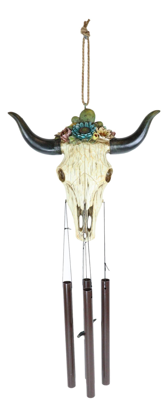 Ebros Gift Southwest Rustic White Faux Wood Cow Skull With Floral Succulents Wind Chime