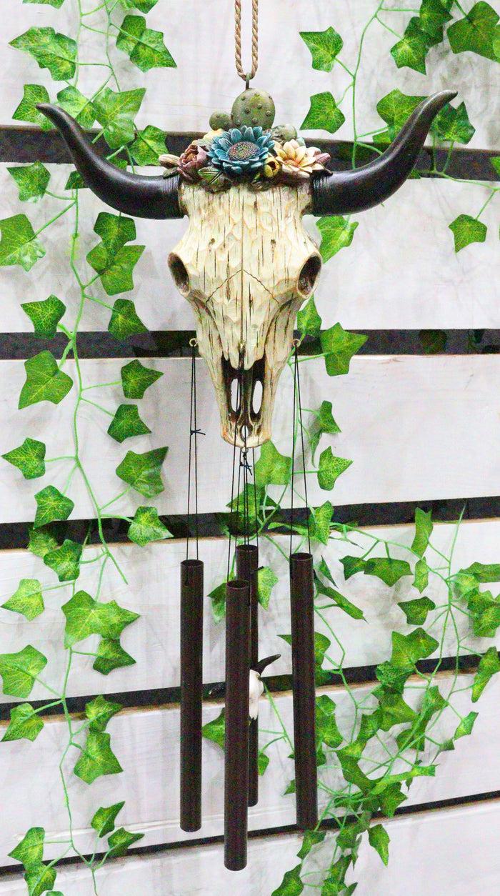 ebros gift Southwest Rustic White Faux Wood Cow Skull With Floral Succulents Wind Chime