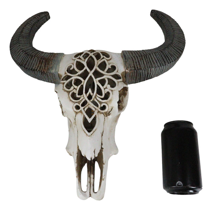 Ebros Gift Southwest Tooled Lace Horned Steer Bull Cow Aged Bone Skull LED Light Wall Decor