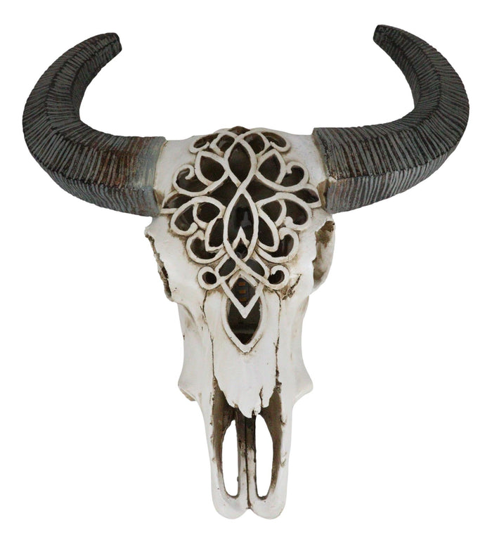 Ebros Gift Southwest Tooled Lace Horned Steer Bull Cow Aged Bone Skull LED Light Wall Decor