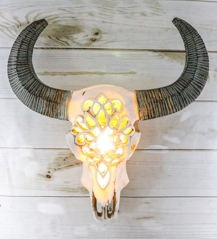 ebros gift Southwest Tooled Lace Horned Steer Bull Cow Aged Bone Skull LED Light Wall Decor