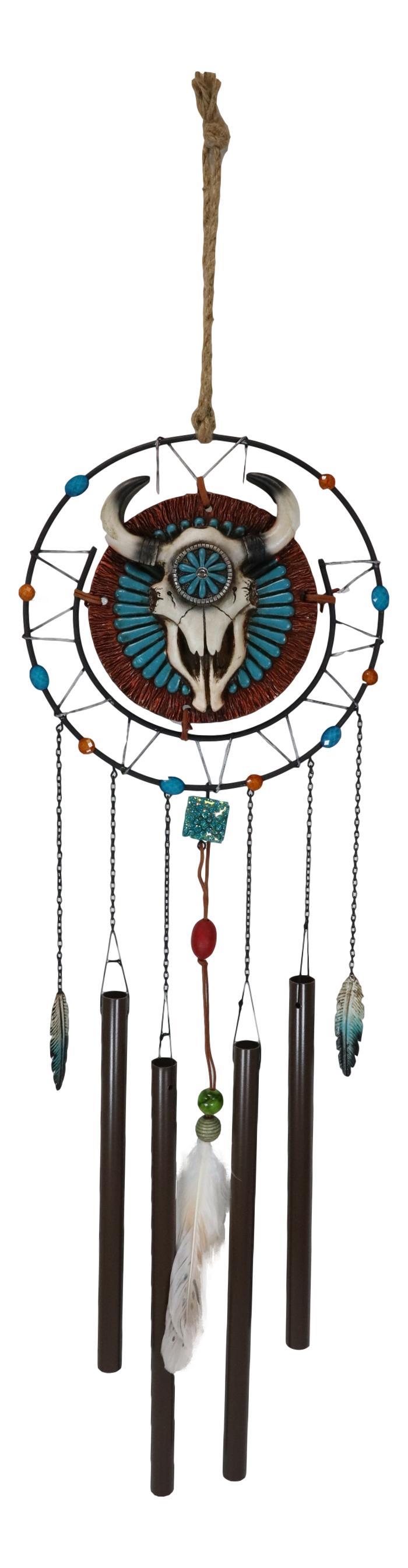 Ebros Gift Southwest Tribal Indian Boho Chic Cow Skull Dreamcatcher Feather Wind Chime