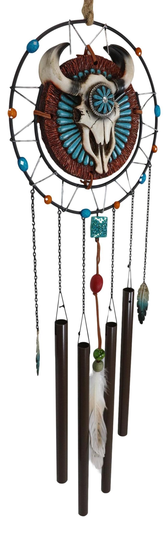 Ebros Gift Southwest Tribal Indian Boho Chic Cow Skull Dreamcatcher Feather Wind Chime