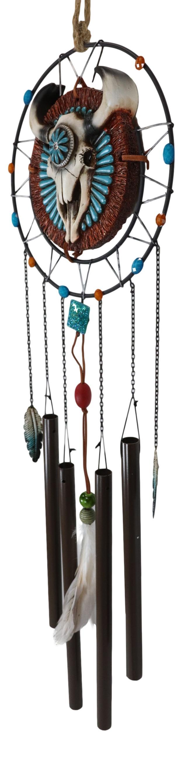 Ebros Gift Southwest Tribal Indian Boho Chic Cow Skull Dreamcatcher Feather Wind Chime