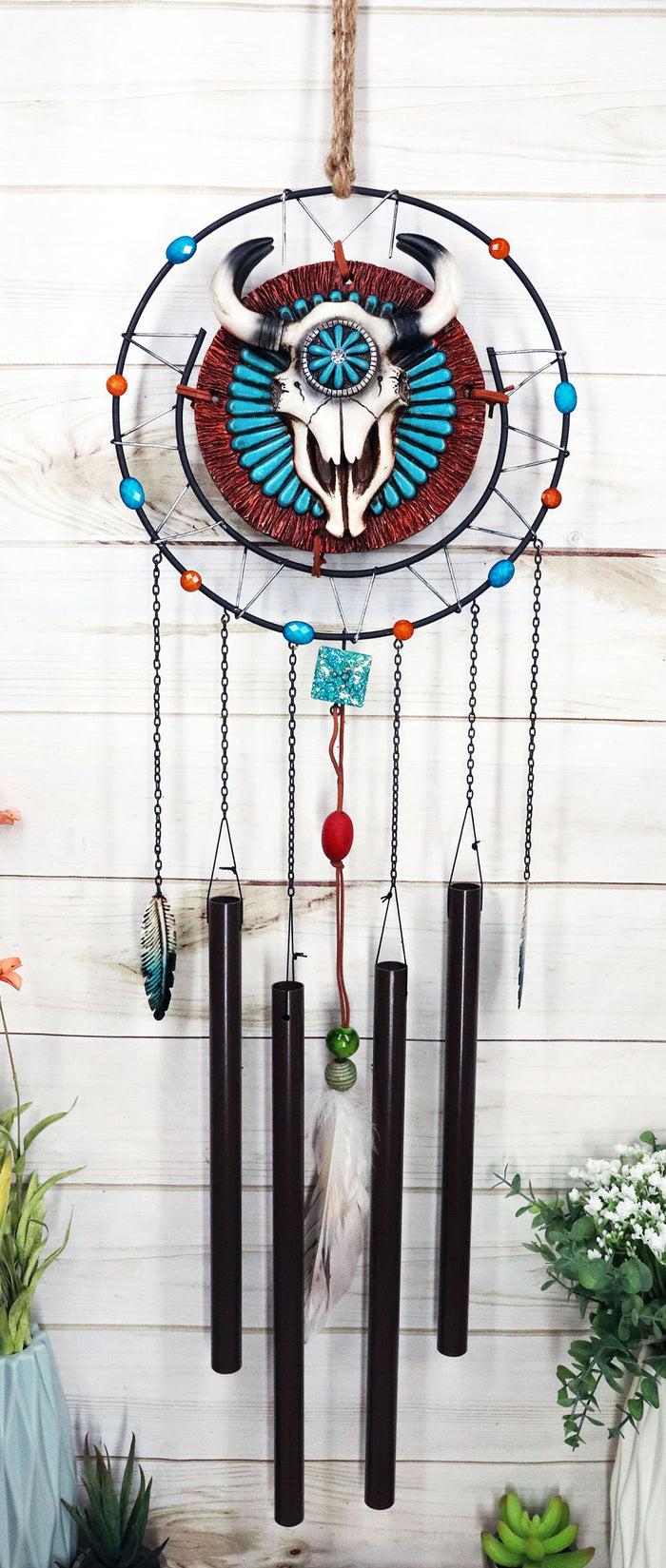 ebros gift Southwest Tribal Indian Boho Chic Cow Skull Dreamcatcher Feather Wind Chime