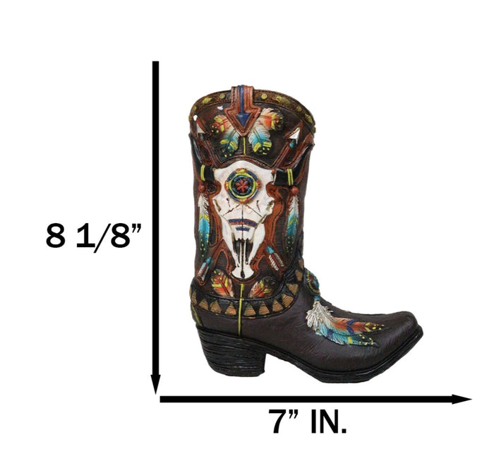 Ebros Gift Southwest Turquoise Feathers Cow Skull Crossed Arrows Cowboy Boot Vase Holder