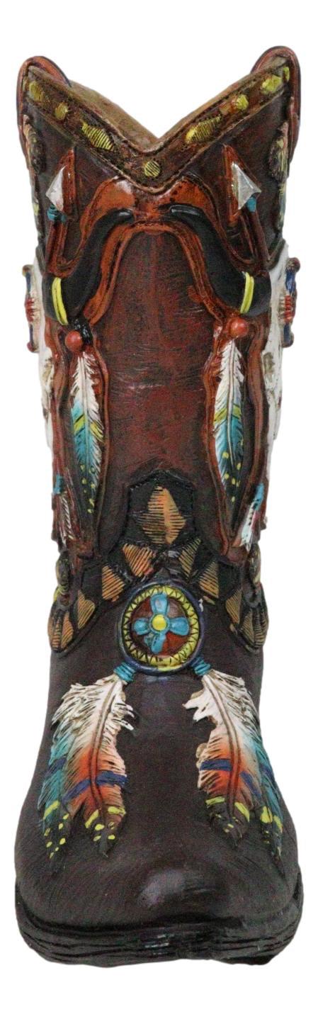 Ebros Gift Southwest Turquoise Feathers Cow Skull Crossed Arrows Cowboy Boot Vase Holder