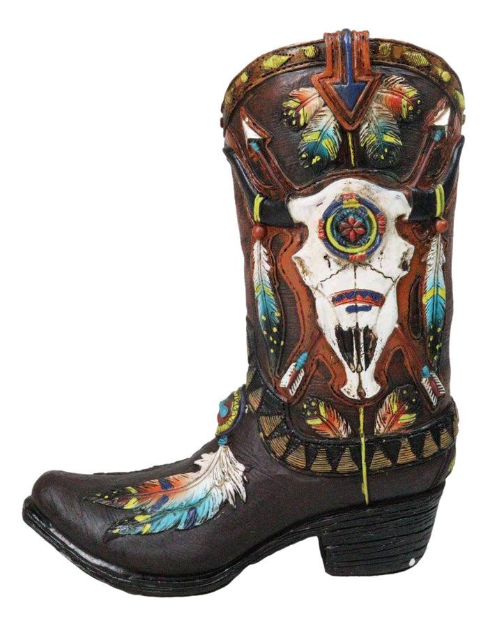 Ebros Gift Southwest Turquoise Feathers Cow Skull Crossed Arrows Cowboy Boot Vase Holder