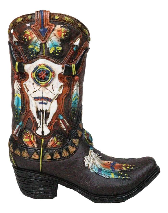 ebros gift Southwest Turquoise Feathers Cow Skull Crossed Arrows Cowboy Boot Vase Holder