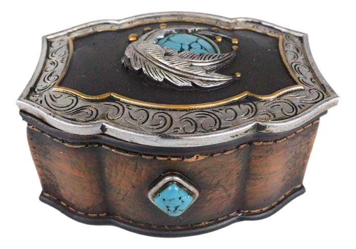 Ebros Gift Southwest Turquoise Rocks Indian Feathers Tooled Leather Decorative Jewelry Box