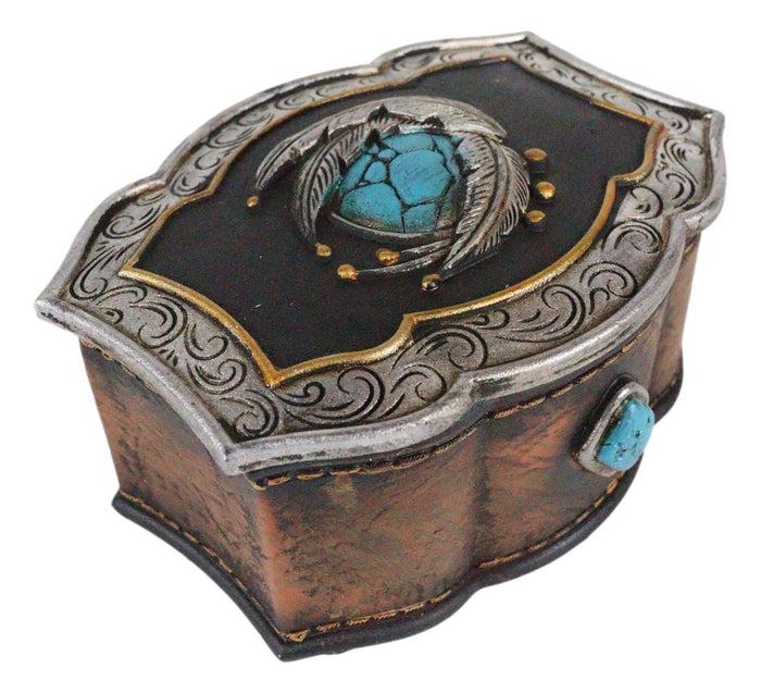 Ebros Gift Southwest Turquoise Rocks Indian Feathers Tooled Leather Decorative Jewelry Box