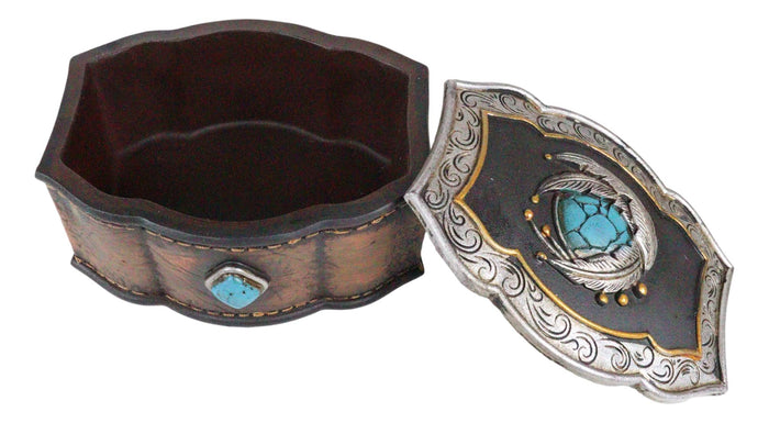 Ebros Gift Southwest Turquoise Rocks Indian Feathers Tooled Leather Decorative Jewelry Box