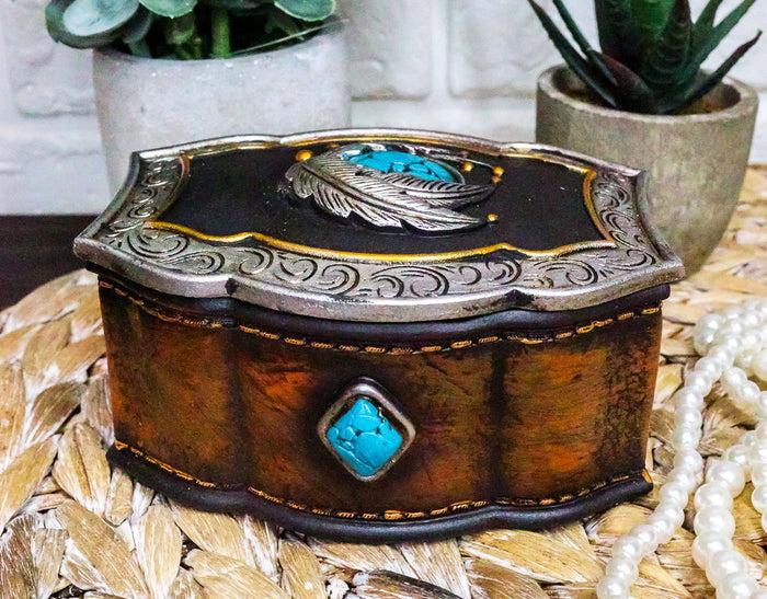 ebros gift Southwest Turquoise Rocks Indian Feathers Tooled Leather Decorative Jewelry Box