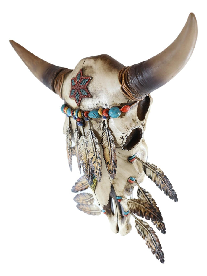 Ebros Gift Southwest Turquoise Tribal Indian Feathered Bull Cow Skull Wall Decor Plaque
