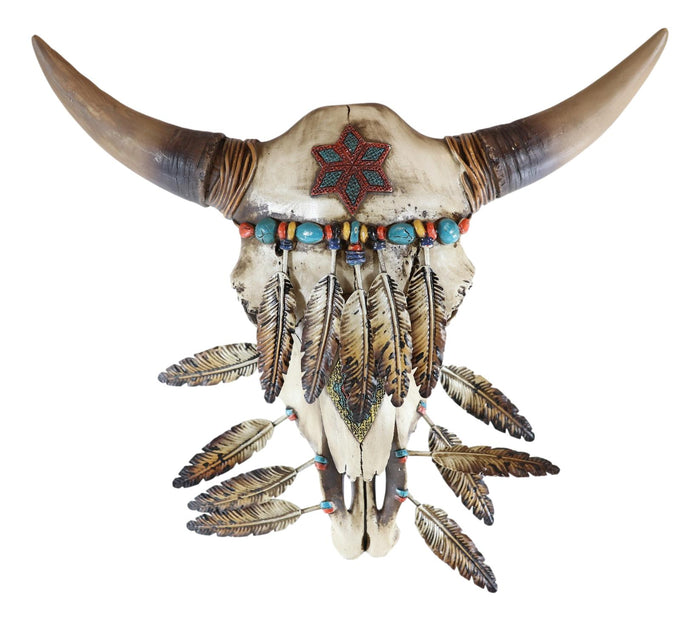 Ebros Gift Southwest Turquoise Tribal Indian Feathered Bull Cow Skull Wall Decor Plaque