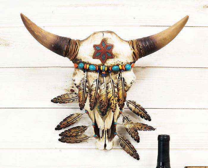 ebros gift Southwest Turquoise Tribal Indian Feathered Bull Cow Skull Wall Decor Plaque