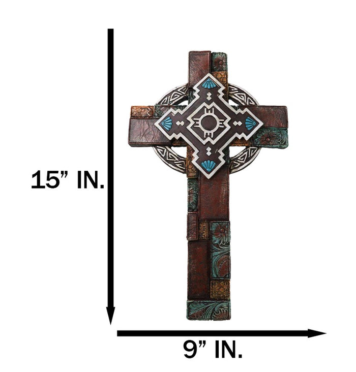 Ebros Gift Southwestern Aztec Vector Wheel Trinity Turquoise Floral Faux Leather Wall Cross
